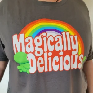 Magically Delicious t-shirt Grey Shirt with words Magically delicious a rainbow and green mushrooms