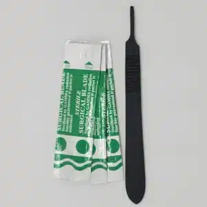 Number three black scalpel handle used for lab work. Displayed with three blades in their packaging.