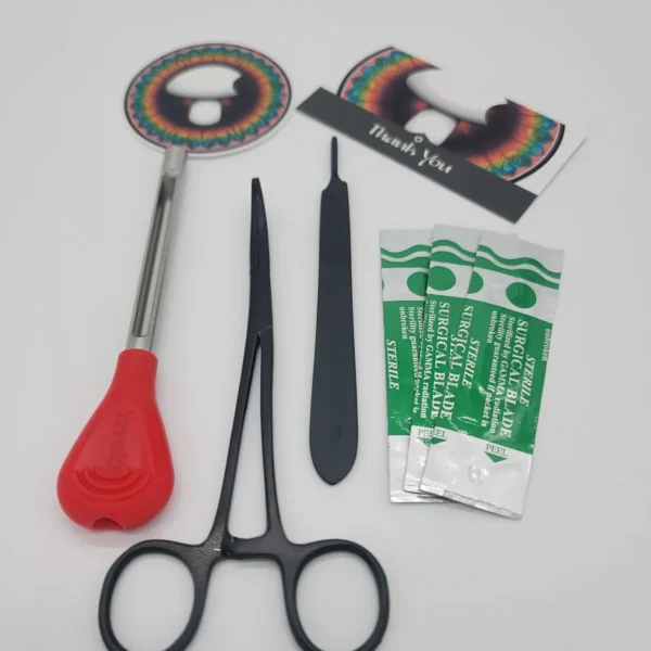 Three Piece Black Lab Tool Kit with agar corer, forceps, and scalpel with blades.