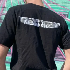 Initiate & Elevate Tee Wings t-shirt - Black T-shirt with Egyptian wings and a Bas Mycology logo in the center of the wings.